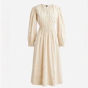 J Crew Long-sleeve smocked-waist midi dress in lightweight chino.